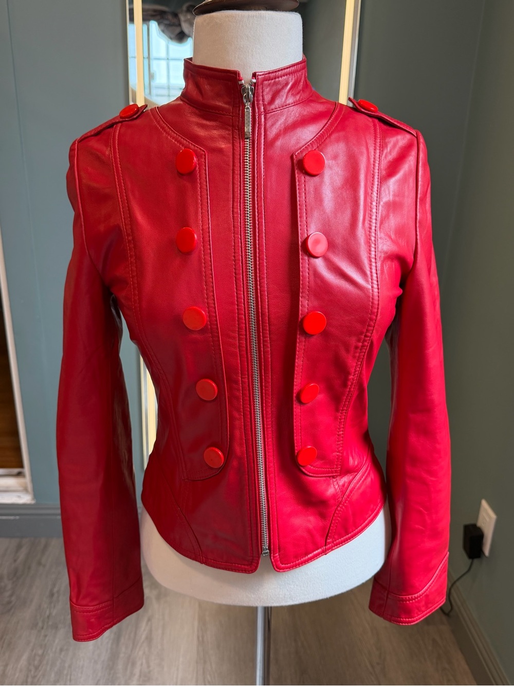 Vintage Red Lambskin Leather Military Jacket | MJ-Inspired Cropped